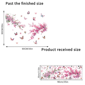 Size detail of peach blossom wall decals showing finished layout and sheet dimensions