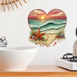 Heart-shaped beach sunset waterproof wall sticker applied in a stylish modern bathroom