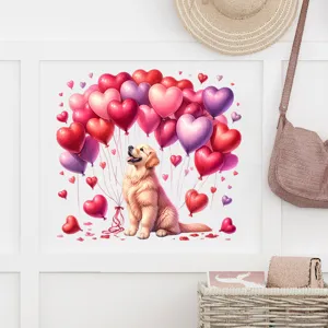 Detailed view of the Valentine's Day wall sticker with golden retriever and balloons