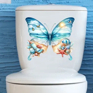 Detailed view of a waterproof beach scenery butterfly decal on a white toilet