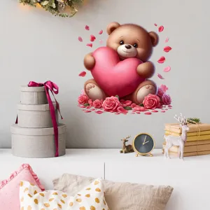 Valentijnsdag teddybeer hart muursticker getoond in een gezellige kameromgeving