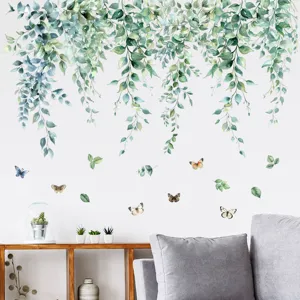 Green vine leaves and butterflies watercolor wall stickers in a living room setting