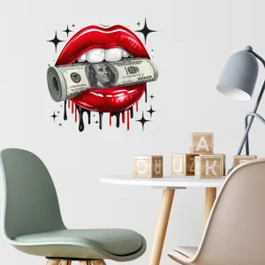 Detail view of a creative wall sticker showing red lips biting a roll of dollar bills