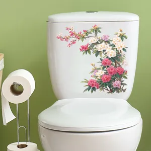 Decorative waterproof toilet sticker featuring pink and white floral pattern for bathroom