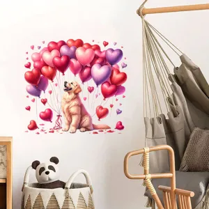 Golden retriever puppy wall sticker with colorful heart balloons in a nursery