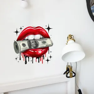 Modern pop art red lips biting dollar roll wall sticker on a white bedroom wall