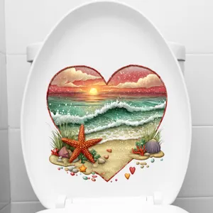 Heart-shaped beach sunset waterproof self-adhesive sticker on white toilet lid