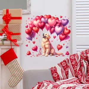 Detail of Valentine's Day Golden Retriever and heart balloons wall decal in living room