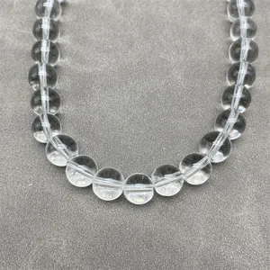 Macro view of transparent white crystal beaded necklace with a sleek magnetic clasp.