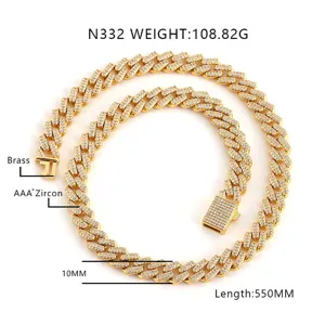 Detailed specs of a 10mm iced-out AAA+ zircon Cuban link necklace in brass (82 chars)