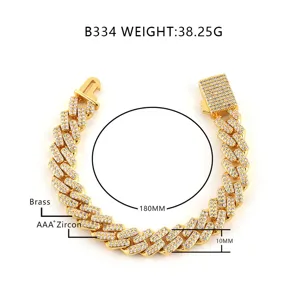 Detailed view of 10mm gold plated iced out Cuban link bracelet with dimension specs