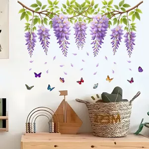 Purple Wisteria Flower Vine Butterfly Wall Sticker Waterproof PVC Removable Mural Art Decal For Living Room Home Decoration