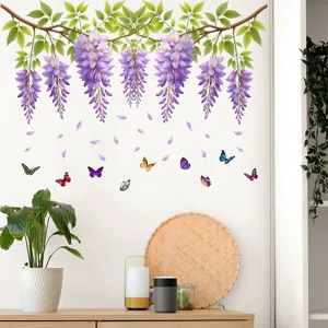 Purple wisteria vine wall stickers with colorful butterflies for home decor