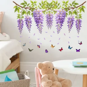 Detailed view of purple wisteria vine and butterfly wall stickers in home decor
