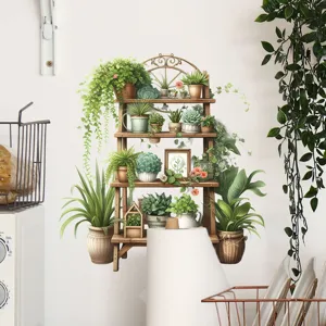 Realistische keukenmuurscène met een 3D-muursticker van een mooi plantenrek.