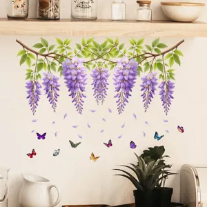 Purple wisteria vine wall sticker with colorful butterflies for home living room wall decor