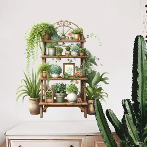 Zelfklevende waterdichte muursticker met levendige groene planten op houten plank