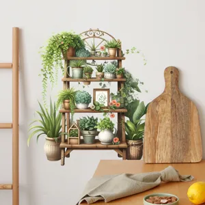 Detail van realistische plantenrek muursticker op een witte muur in woonkamer