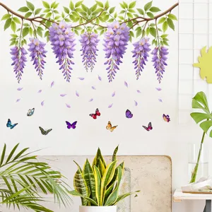 Realistic purple wisteria wall stickers with butterflies in a modern living room setting