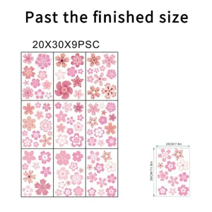 Vista dettagliata che mostra le dimensioni 20x30cm del set di 9 adesivi fiori rosa.