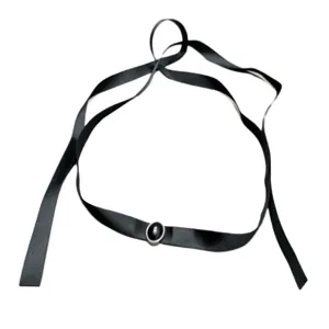Elegant black silk ribbon choker necklace featuring an oval black stone pendant detail