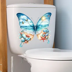 Large beach scenery butterfly self-adhesive toilet sticker on a white toilet tank