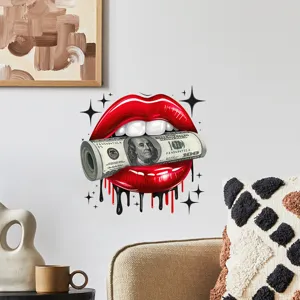 Detailed view of artistic red lips biting dollar bill wall sticker in modern interior