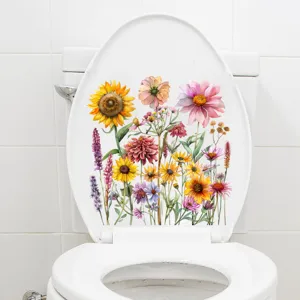Gedetailleerd overzicht van de aquarel zonnebloem en bloemensticker op een toiletdeksel