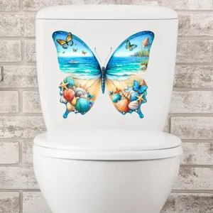 Close-up of a vibrant beach-themed butterfly sticker applied to a white toilet lid