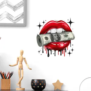 Edgy red lips biting $100 bill roll wall sticker for modern and stylish home decor