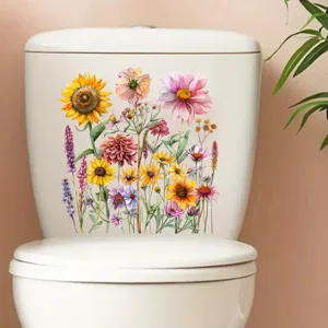 Levendige zonnebloem en bloemen waterdichte stickers op een wit toiletreservoir