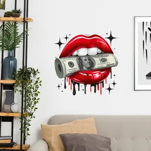 Pop art decorative wall sticker featuring glossy red lips biting a rolled hundred dollar bill