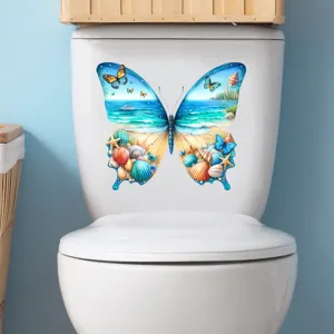 Waterproof butterfly wall sticker with beach scenery applied to a white toilet tank