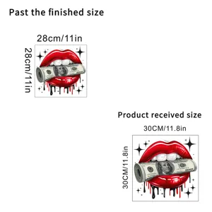Detailed size specifications for the artistic red lip and dollar bill wall decal