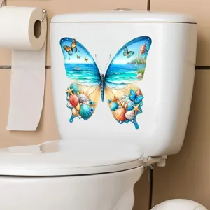 Detailed view of beach themed butterfly wall sticker applied to a white toilet tank