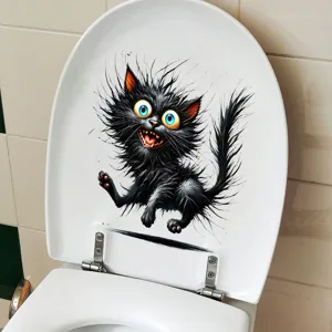 Lustiger schwarzer Katzenaufkleber wasserdicht Wandtattoo auf einem weißen Toilettendeckel