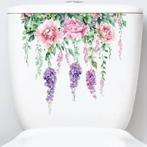 Close-up of floral waterproof toilet sticker with pink peonies and purple flowers