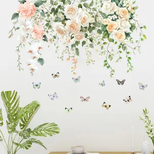 Floral wall decals featuring elegant white rose vines and colorful butterflies.