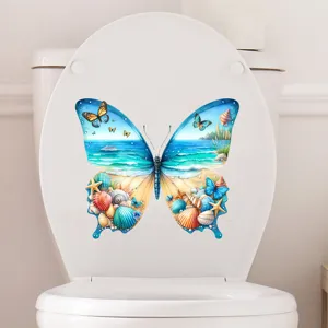 Vibrant butterfly beach scenery waterproof self-adhesive toilet lid sticker for home decor