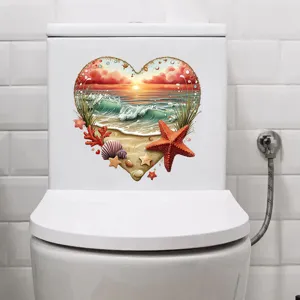 Heart-shaped beach sunset theme waterproof sticker shown on a white toilet tank.