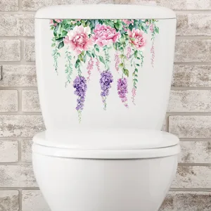 Detailed view of pink peony and purple flower vine waterproof toilet sticker KSA114