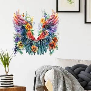 Adesivo murale con ali di piume e fiori colorati per l'arredamento di casa e camera