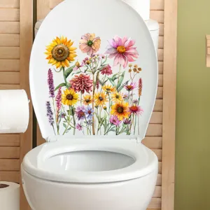 Waterdichte zelfklevende stickers met zonnebloemen op een wit toiletdeksel afgebeeld