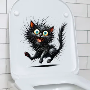 Lustiger, verrückter schwarzer Katzen-Aufkleber auf einem weißen Toilettendeckel