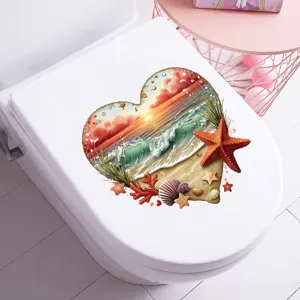 Close-up of heart-shaped beach sunset theme waterproof toilet lid sticker decoration