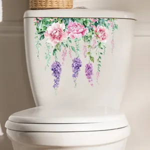 Watercolor floral toilet decal sticker with pink peonies and purple wisteria hangings