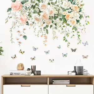 Beautiful floral rose vine wall decals with butterflies for elegant living room decor