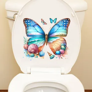 Detail of waterproof butterfly toilet lid sticker featuring a beach landscape design
