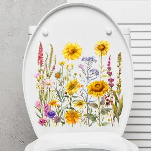 Waterdichte stickers met zonnebloemen in aquarel op een witte toiletdeksel decor