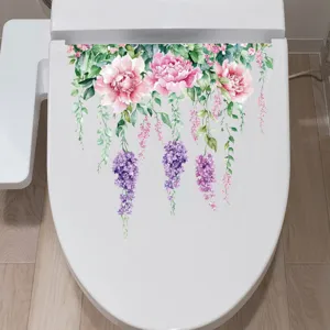 Detailed view of waterproof floral toilet sticker with pink peonies and purple wisteria